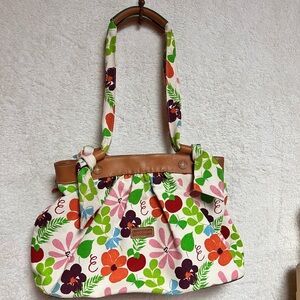 Longchamp Floral Canvas Shoulder Bag with Brown Trim